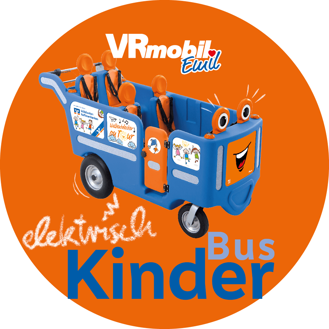 oranger Kreis mit VRmobil eKinderbus Emil in der Mitte