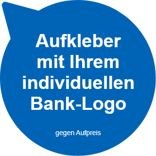 blaue Sprechblase - Aufkleber mit Ihrem individuellen Bank-Logo. Gegen Aufpreis